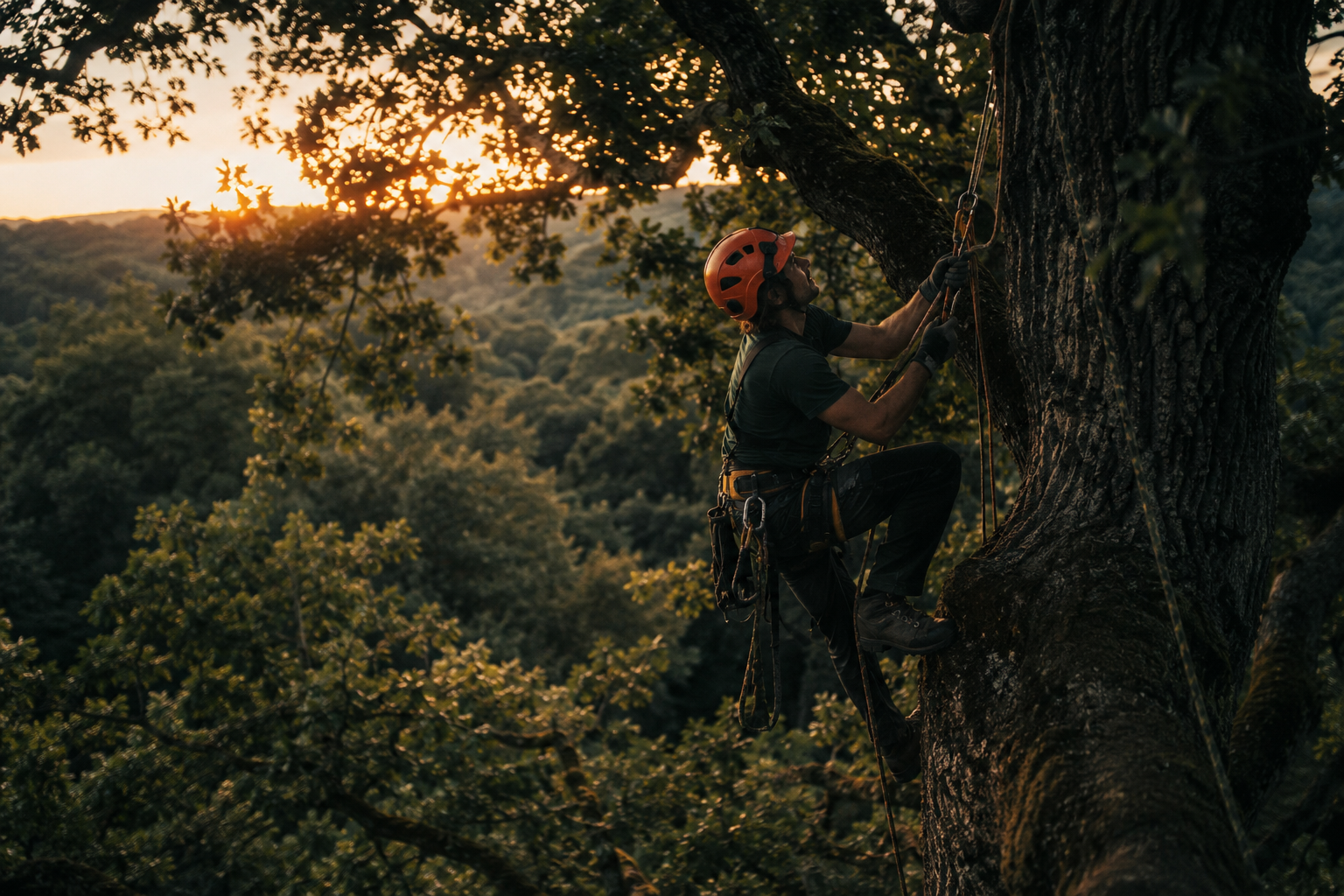 Arboriste-grimpeur certifié Arbolis en action dans la canopée au coucher du soleil